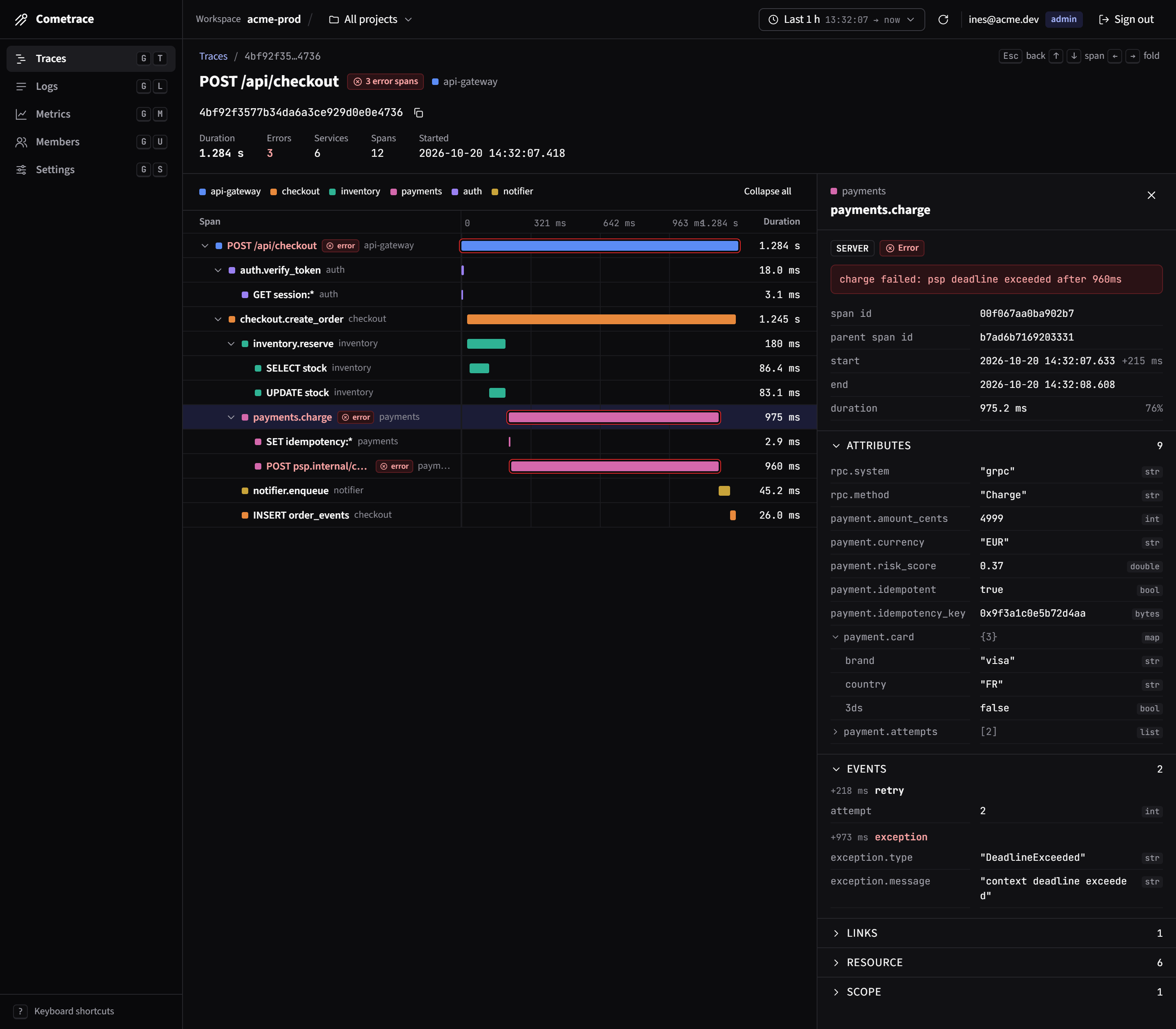 The Cometrace trace detail view: a waterfall of spans on the left, the selected span's attributes, events and resource on the right.